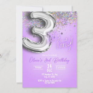 Purple Glitter 3rd Birthday Invitation