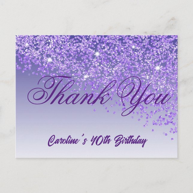 Purple Glitter, 40th Birthday Thank You Postcard (Front)