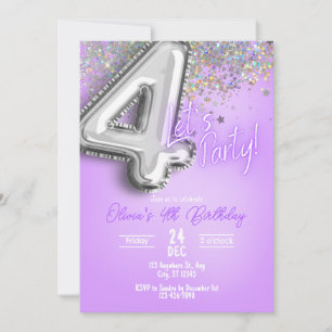 Purple Glitter 4th Birthday Invitation