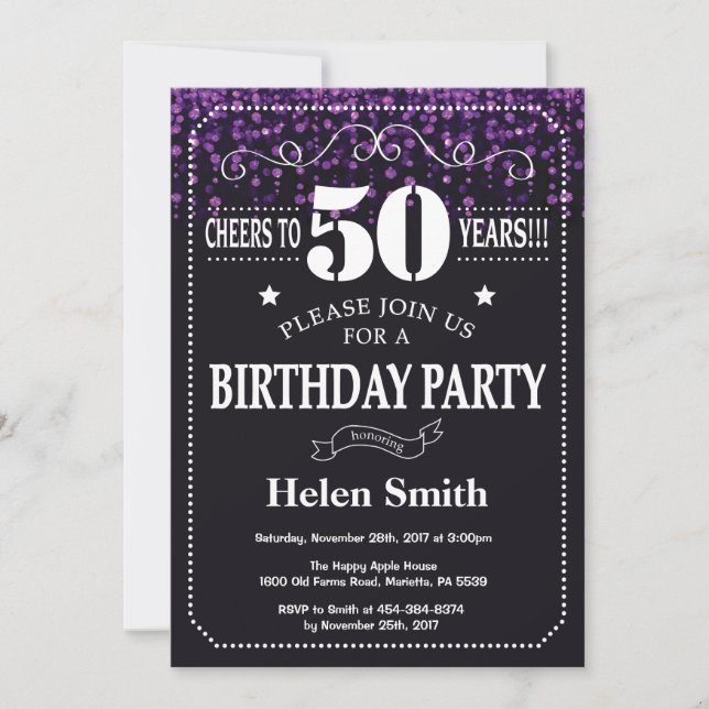 Purple Glitter 50th Birthday Invitation (Front)