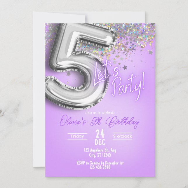 Purple Glitter 5th Birthday Invitation (Front)