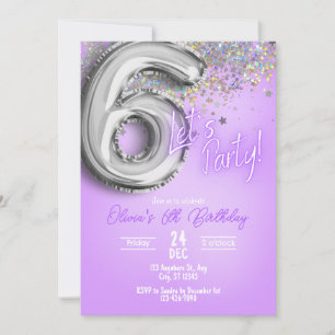 Purple Glitter 6th Birthday Invitation
