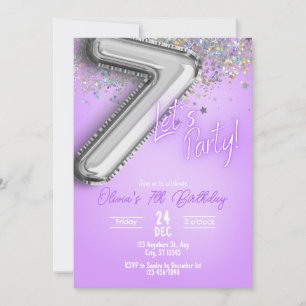 Purple Glitter 7th Birthday Invitation