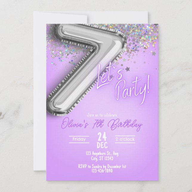 Purple Glitter 7th Birthday Invitation (Front)