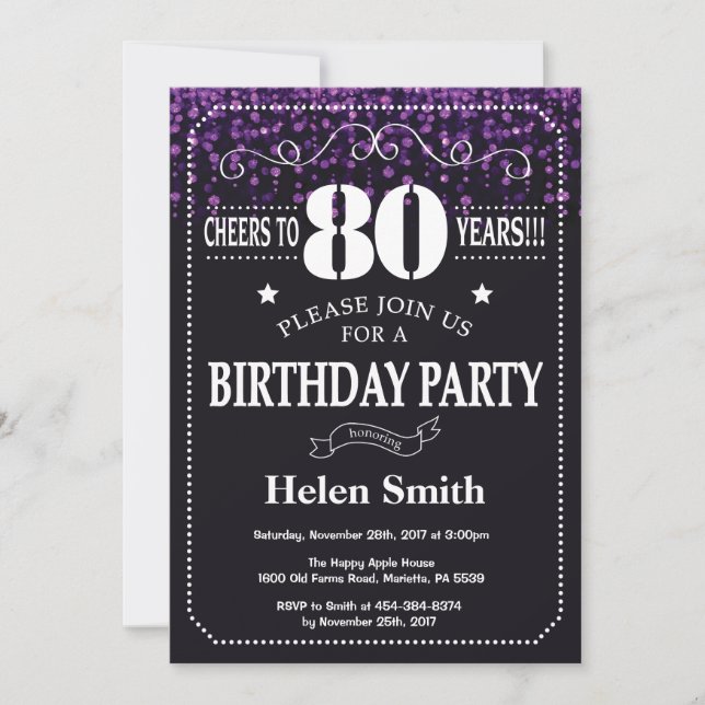 Purple Glitter 80th Birthday Invitation (Front)