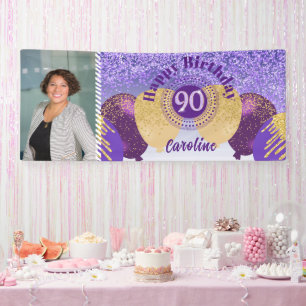 Purple Glitter 90th Birthday & Balloons Banner