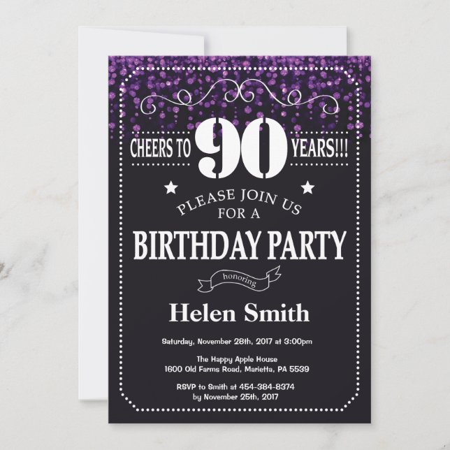 Purple Glitter 90th Birthday Invitation (Front)