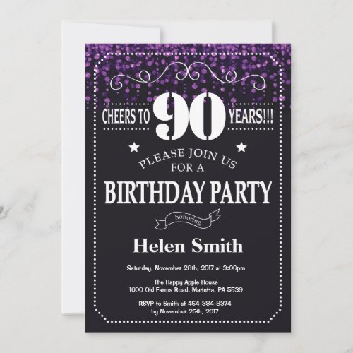 Purple Glitter 90th Birthday Invitation