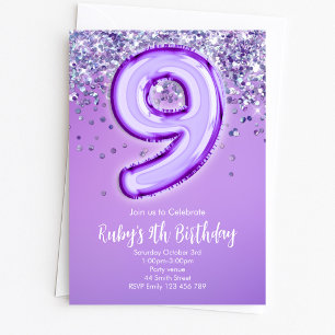 Purple Glitter 9th Birthday Invitation