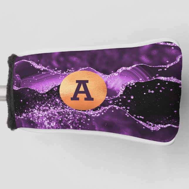 Purple glitter agate marble gold monogram gol golf head cover (Front)