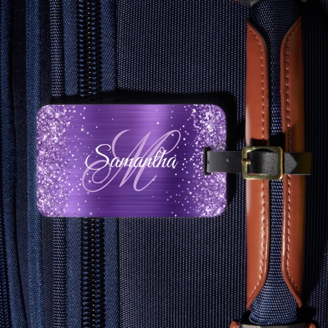 Purple Glitter Amethyst Foil Fancy Monogram Luggage Tag (Front Insitu 4)