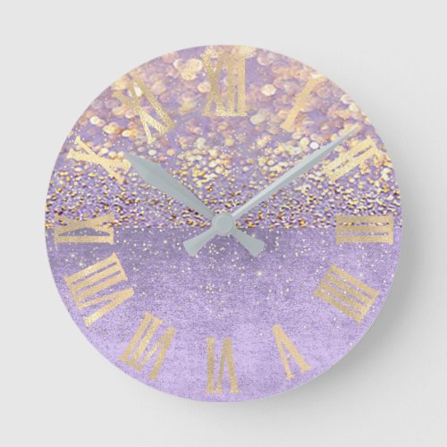 Purple Glitter Amethyst Lavender Confetti Gold Round Clock