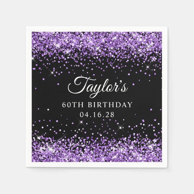 Purple Glitter and Black 60th Birthday Napkins (Front)