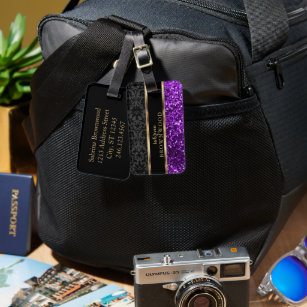 Purple Glitter and Black Damask  Luggage Tag