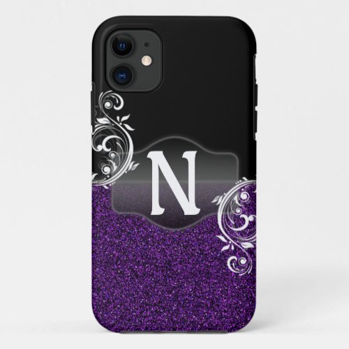 Purple Glitter and Black design with Monogram iPhone 11 Case