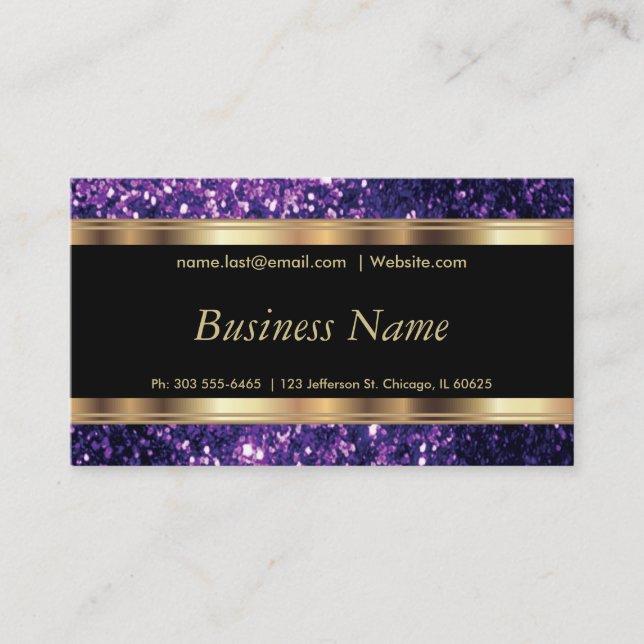 Purple Glitter and Elegant Gold Business Card (Front)