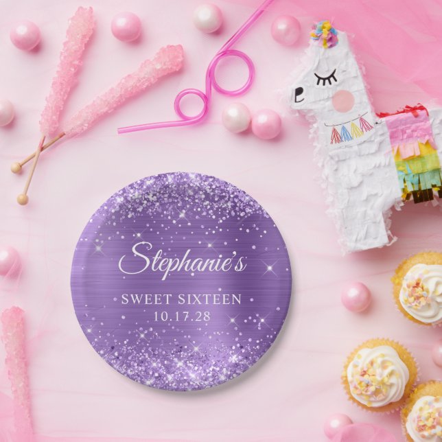 Purple Glitter and Foil Sweet Sixteen Paper Plates (Party)