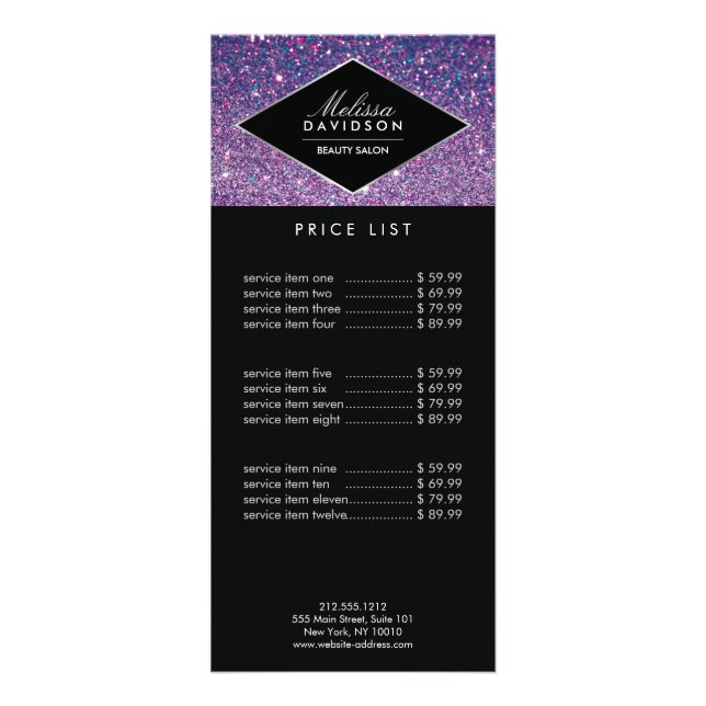 Purple Glitter and Glamour Beauty Rack Card (Front)