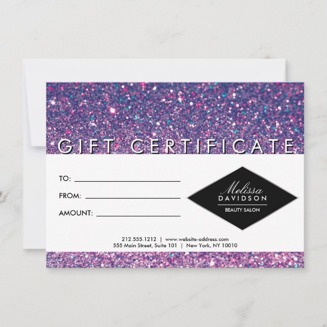 Purple Glitter and Glamour Salon Gift Certificate (Front)