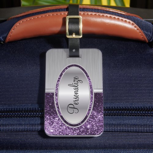 Purple Glitter and Metal Brush Steel Print Luggage Tag