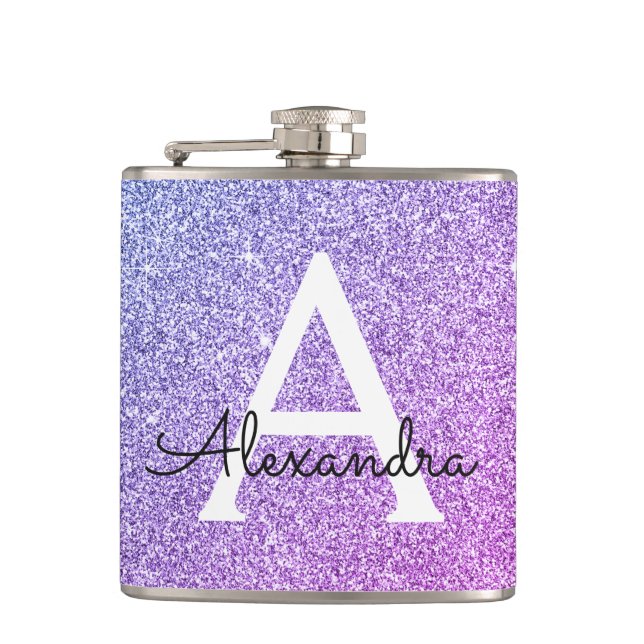 Purple Glitter and Sparkle Monogram Initial Flask (Front)
