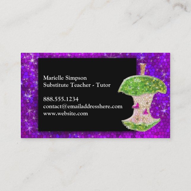 Purple Glitter Apple Substitute Teacher Tutor MUA Business Card (Back)