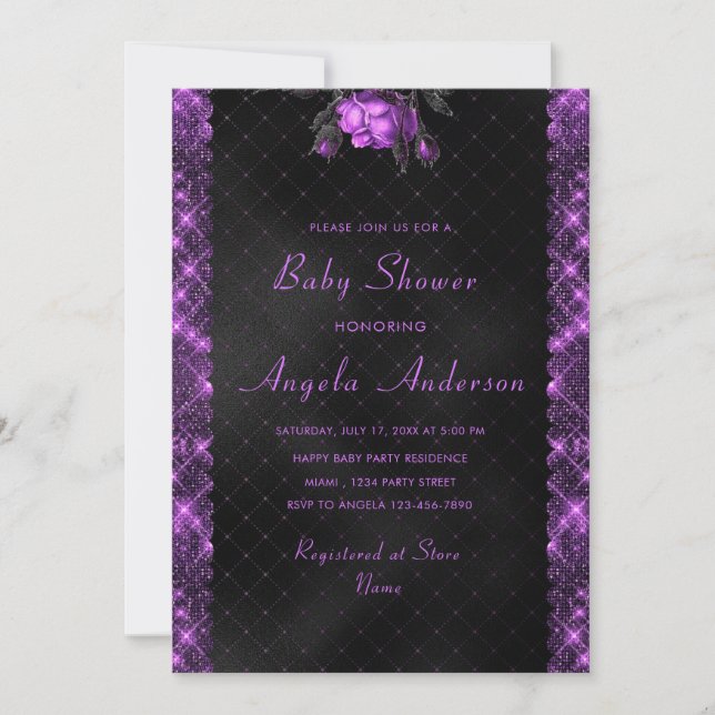 Purple Glitter Baby Boy Shower Invitation Card (Front)