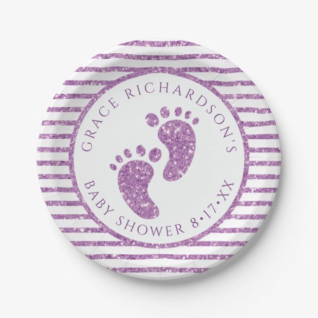 Purple Glitter Baby Feet Baby Shower Personalized  Paper Plates (Front)