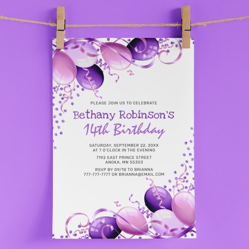 Purple Glitter Balloons Birthday Invitation