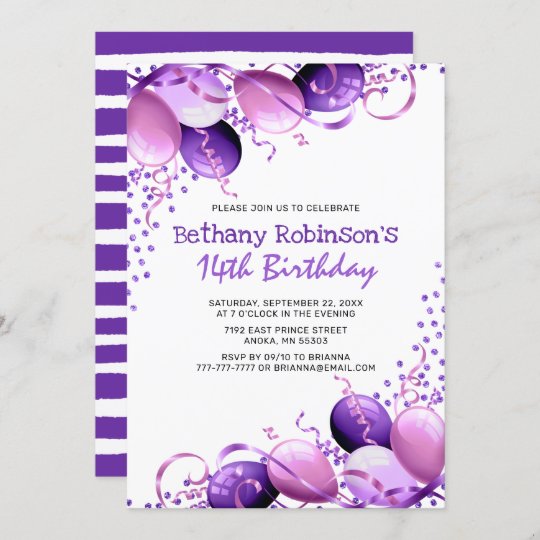 Purple Glitter Balloons Birthday Invitation | Zazzle.com