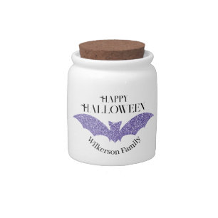 Purple Glitter Bat Happy Halloween Candy Jar