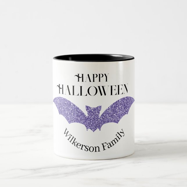 Purple Glitter Bat Happy Halloween Two-Tone Coffee Mug (Center)