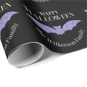 Purple Glitter Bat Happy Halloween Wrapping Paper