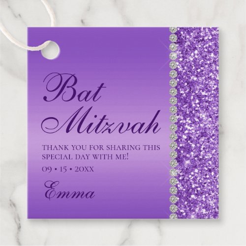 Purple Glitter Bat Mitzvah Favor Tags