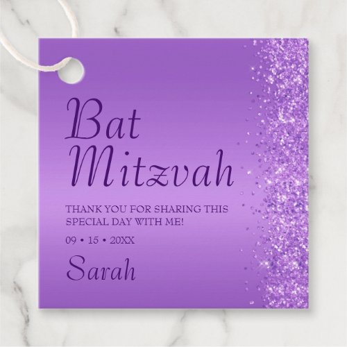 Purple Glitter Bat Mitzvah Favor Tags