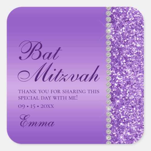 Purple Glitter Bat Mitzvah Square Sticker