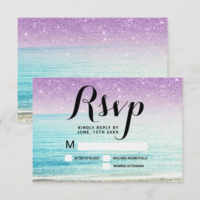 purple glitter beach photo RSVP wedding Invitation (Front/Back)
