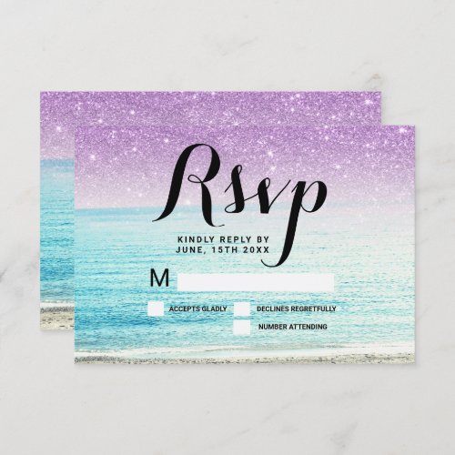purple glitter beach photo RSVP wedding Invitation