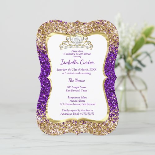 Purple Glitter Birthday Party Gold White Tiara Invitation