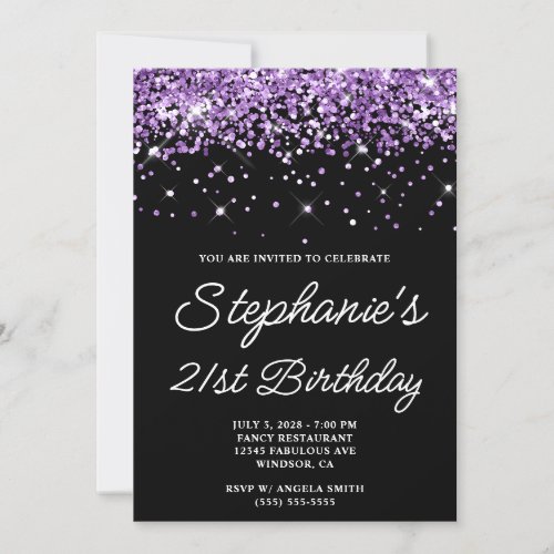 Purple Glitter Black 21st Birthday Invitation
