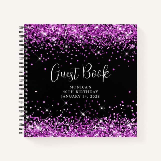 Purple Glitter Black 40th Birthday Guest Notebook (Front)