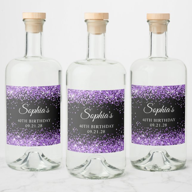 Purple Glitter Black 40th Birthday Liquor Bottle Label (Bottles)