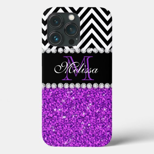 Purple Glitter Black Chevron Monogram iPhone 13 Pro Case