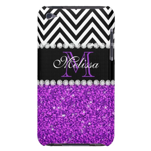 PURPLE GLITTER BLACK CHEVRON MONOGRAMMED BARELY THERE iPod CASE (Back)
