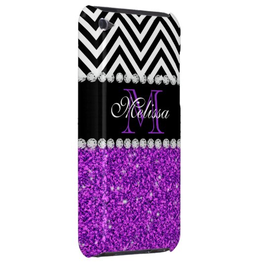 PURPLE GLITTER BLACK CHEVRON MONOGRAMMED BARELY THERE iPod CASE (Back/Right)