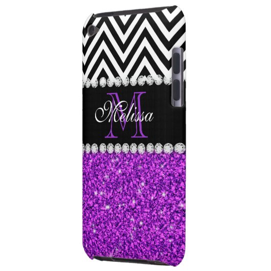 PURPLE GLITTER BLACK CHEVRON MONOGRAMMED BARELY THERE iPod CASE (Back Left)