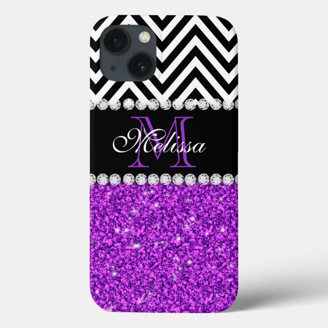 PURPLE GLITTER BLACK CHEVRON MONOGRAMMED Case-Mate iPhone CASE (Back)