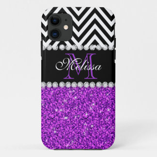 PURPLE GLITTER BLACK CHEVRON MONOGRAMMED iPhone 11 CASE