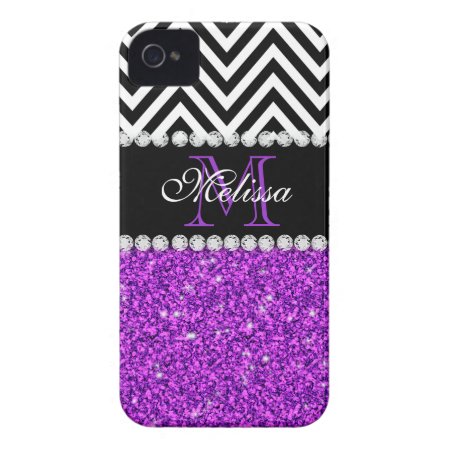 Purple Glitter Black Chevron Monogrammed Iphone 4 Cover
