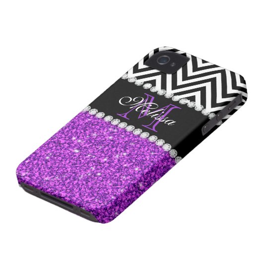 PURPLE GLITTER BLACK CHEVRON MONOGRAMMED Case-Mate iPhone CASE (Bottom)